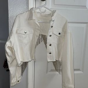 white crop jean jacket with open back detail
